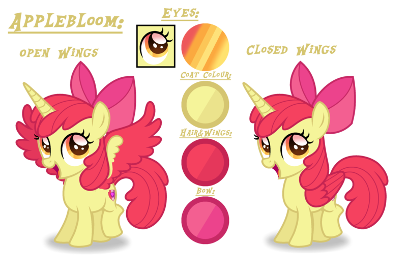 Size: 3112x2104 | Tagged: safe, artist:purplepotato04, derpibooru import, apple bloom, alicorn, pony, alicornified, bloomicorn, image, png, race swap, reference sheet, simple background, solo, transparent background, two toned wings, wings