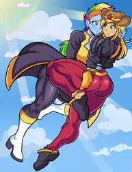 Size: 2800x3628 | Tagged: suggestive, artist:theironmountain, derpibooru import, applejack, rainbow dash, equestria girls, applebucking thighs, applebutt, appledash, ass, boots, butt, clothes, commission, cosplay, costume, crepuscular rays, dc comics, female, flying, high heel boots, image, lesbian, marvel comics, png, shipping, shoes, storm (marvel comics), super powers, thighs, thunder thighs, wonder woman, x-men