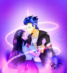 Size: 1280x1402 | Tagged: safe, artist:shizaharu, derpibooru import, flash sentry, twilight sparkle, equestria girls, female, flashlight, heart, image, jpeg, looking at each other, male, shipping, sparkles, straight