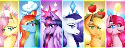 Size: 1280x497 | Tagged: safe, artist:shizaharu, derpibooru import, applejack, fluttershy, pinkie pie, rainbow dash, rarity, twilight sparkle, alicorn, earth pony, pony, unicorn, cutie mark background, female, image, jpeg, mane six, mare