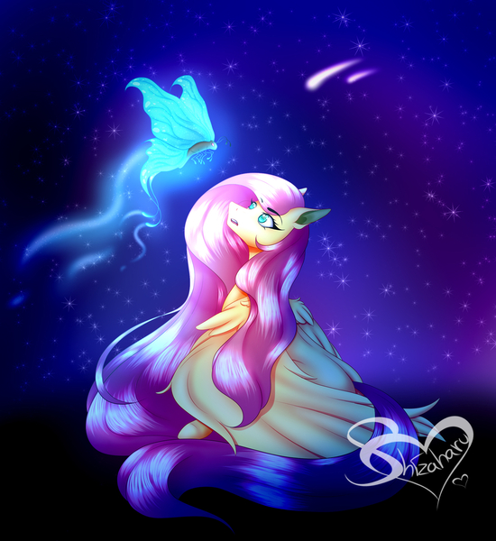 Size: 1280x1397 | Tagged: safe, artist:shizaharu, derpibooru import, fluttershy, butterfly, insect, pegasus, pony, female, image, jpeg, mare, night, shooting star, solo, stars