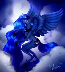 Size: 1280x1423 | Tagged: safe, artist:shizaharu, derpibooru import, princess luna, alicorn, pony, anatomically incorrect, cloud, female, flying, glowing horn, horn, image, incorrect leg anatomy, jpeg, mare, solo