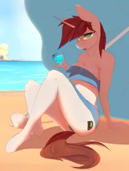 Size: 3000x4000 | Tagged: safe, artist:chapaevv, derpibooru import, oc, oc:littlepip, anthro, fallout equestria, beach, drink, explosion, image, looking at you, ocean, patreon, patreon reward, png, sitting, solo, summer, umbrella