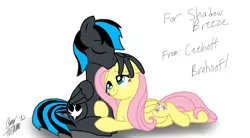 Size: 1446x797 | Tagged: safe, artist:ceehoff, derpibooru import, fluttershy, oc, pegasus, pony, canon x oc, female, hug, image, jpeg, kissing, lying down, male, mare, prone, shipping, signature, simple background, smiling, stallion, straight, white background, winghug, wings
