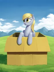Size: 1500x2000 | Tagged: safe, artist:ivg89, derpibooru import, derpy hooves, pegasus, pony, box, cardboard box, image, png, pony in a box, scenery, solo