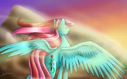 Size: 1132x706 | Tagged: safe, artist:penrosa, derpibooru import, oc, oc:penrose, unofficial characters only, pegasus, pony, image, jpeg, outdoors, pegasus oc, signature, solo, spread wings, wings