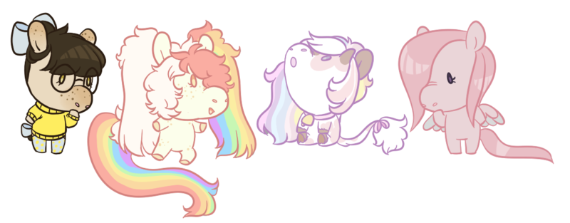 Size: 1150x450 | Tagged: safe, artist:lavvythejackalope, derpibooru import, oc, unofficial characters only, earth pony, pegasus, pony, bow, chibi, clothes, commission, earth pony oc, glasses, hair bow, image, looking up, multicolored hair, pegasus oc, png, rainbow hair, simple background, transparent background, wings, ych result