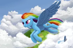 Size: 2000x1333 | Tagged: safe, alternate version, artist:ivg89, derpibooru import, rainbow dash, pegasus, pony, cloud, feather, female, flying, image, png, revised, scenery, solo, wind, windswept mane