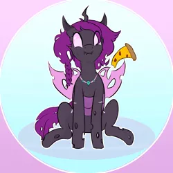Size: 2000x2000 | Tagged: safe, artist:solos, derpibooru import, changeling queen oc, oc, oc:coco (changeling), unofficial characters only, changeling, changeling queen, braid, eating, female, food, image, pizza, png, purple changeling, spread wings, wings