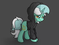 Size: 2962x2263 | Tagged: safe, artist:background basset, derpibooru import, lyra heartstrings, pony, unicorn, clothes, depressed, dig the swell hoodie, gray background, hoodie, image, png, sad, simple background