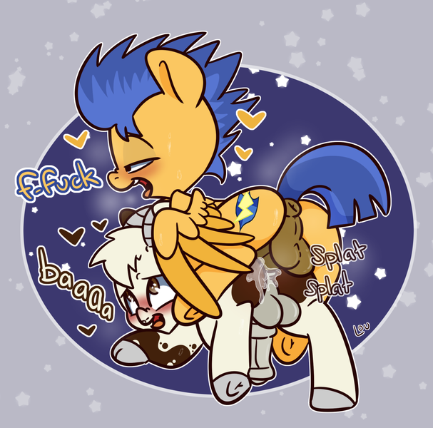 Size: 1264x1249 | Tagged: explicit, artist:lou, derpibooru import, flash sentry, oc, oc:hazel bloons, anal, balls, blushing, cum, derpibooru exclusive, duo, from behind, gay, horsecock, image, interspecies, male, nudity, penetration, penis, png, sex, simple background