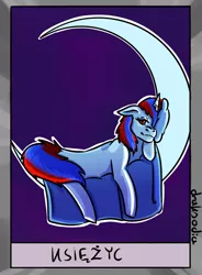 Size: 580x790 | Tagged: safe, artist:draksodia, derpibooru import, oc, oc:snowi, pony, unicorn, blue hair, card, female, full body, horn, image, looking at you, mare, mare in the moon, moon, neigh, png, red and blue, red eyes, red hair, white pony