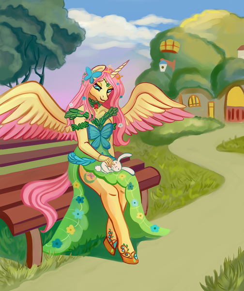 Size: 3890x4632 | Tagged: safe, artist:bartolomy, derpibooru import, angel bunny, fluttershy, oc, oc:princess fluttershy, alicorn, anthro, alicorn oc, alternate character design, alternate clothes, alternate cutie mark, alternate hairstyle, alternate universe, bench, clothes, commission, dress, fluttershy's cottage, gala dress, hoof shoes, horn, image, jewelry, motherly love, png, princess fluttershy, sleeping, story included, tiara, two toned wings, wings, ych result