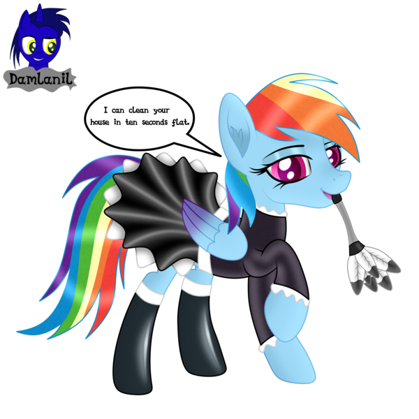 Size: 3840x3840 | Tagged: safe, artist:damlanil, derpibooru import, rainbow dash, pegasus, pony, blushing, clothes, comic, cute, duster, eyeshadow, female, happy, image, latex, latex socks, looking at you, maid, makeup, mare, open mouth, png, raised hoof, rubber, shine, shiny mane, simple background, socks, solo, talking to viewer, text, transparent background, vector, wings