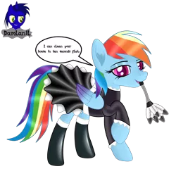 Size: 3840x3840 | Tagged: safe, artist:damlanil, derpibooru import, rainbow dash, pegasus, pony, blushing, clothes, comic, cute, duster, eyeshadow, female, happy, image, latex, latex socks, looking at you, maid, makeup, mare, open mouth, png, raised hoof, rubber, shine, shiny mane, simple background, socks, solo, talking to viewer, text, transparent background, vector, wings