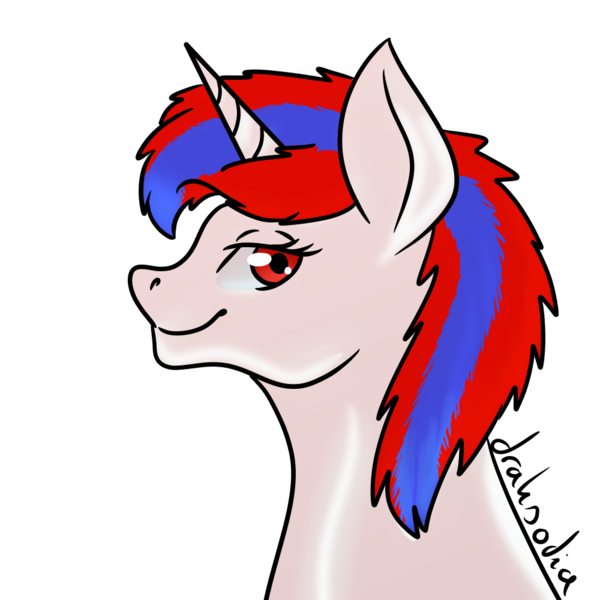 Size: 1000x1000 | Tagged: safe, artist:draksodia, derpibooru import, oc, oc:snowi, pony, unicorn, blue hair, female, head, horn, image, looking at you, mare, png, red and blue, red eyes, red hair, smiling, smiling at you, white pony