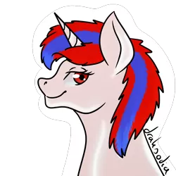 Size: 1000x1000 | Tagged: safe, artist:draksodia, derpibooru import, oc, oc:snowi, pony, unicorn, blue hair, female, head, horn, image, looking at you, mare, png, red and blue, red eyes, red hair, smiling, smiling at you, white pony