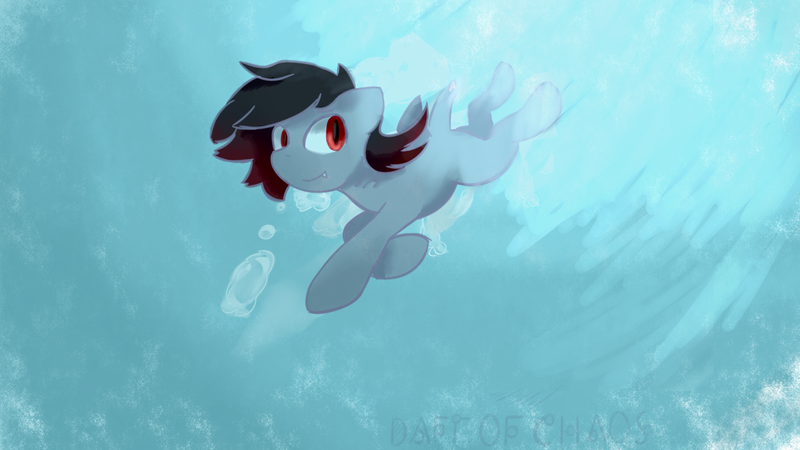 Size: 1920x1080 | Tagged: safe, artist:daftochaos, derpibooru import, oc, unofficial characters only, earth pony, original species, pony, shark, shark pony, art trade, black mane, blue background, bubble, crepuscular rays, dorsal fin, fangs, flowing mane, image, ocean, png, red eyes, simple background, smiling, solo, sunlight, swimming, underwater, water