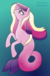 Size: 350x525 | Tagged: safe, artist:haretrinity, derpibooru import, princess cadance, merpony, pony, sea pony, crepuscular rays, eyelashes, female, fish tail, flowing mane, flowing tail, image, looking up, multicolored hair, ocean, open mouth, png, purple eyes, seaponified, seapony cadance, solo, species swap, tail, underwater, water