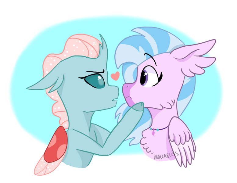 Size: 2281x1761 | Tagged: safe, artist:moccabliss, derpibooru import, ocellus, silverstream, changedling, changeling, classical hippogriff, hippogriff, female, heart, image, lesbian, ocellustream, png, shipping