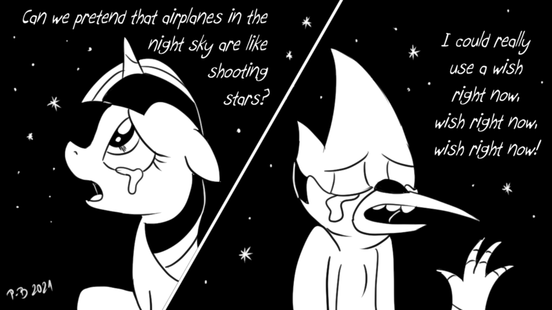 Size: 1200x675 | Tagged: safe, artist:pony-berserker, derpibooru import, twilight sparkle, alicorn, pony, airplanes (song), crossover, crossover shipping, crying, female, image, jay, male, meme, monochrome, mordecai, mordetwi, night, night sky, png, pony-berserker's twitter sketches, redraw mordetwi meme, regular show, shipping, sky, song reference, stars, straight