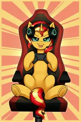 Size: 2649x4000 | Tagged: safe, artist:confetticakez, derpibooru import, sunset shimmer, pony, unicorn, :p, abstract background, chair, controller, female, gamer sunset, gaming chair, gaming headset, headphones, image, jpeg, looking at you, mare, microphone, tongue out