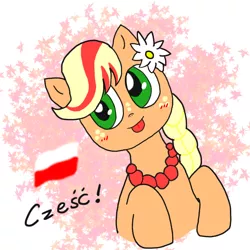 Size: 1000x1000 | Tagged: safe, artist:foxy1219, derpibooru import, oc, oc:poppy seed (mec), image, mascot, middle equestrian convention, not applejack, png, poland, polish, scene interpretation, solo, tongue out