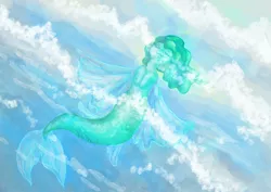 Size: 1754x1240 | Tagged: safe, artist:piandow, derpibooru import, oc, unofficial characters only, hybrid, merpony, seapony (g4), bubble, dorsal fin, eyes closed, fin wings, fish tail, flowing mane, flowing tail, green mane, image, jpeg, ocean, signature, smiling, solo, sunlight, swimming, tail, underwater, water, wave, wings