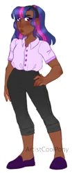 Size: 508x1223 | Tagged: safe, artist:artistcoolpony, derpibooru import, twilight sparkle, human, blackwashing, clothes, dark skin, female, flats, hairband, image, jeans, obtrusive watermark, pants, png, shirt, shoes, simple background, solo, transparent background, tumblr nose, watermark