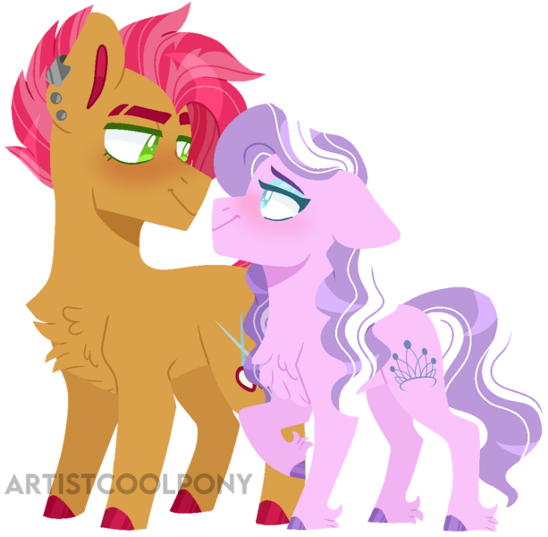 Size: 1024x1003 | Tagged: safe, artist:artistcoolpony, derpibooru import, babs seed, diamond tiara, earth pony, pony, alternate hairstyle, babstiara, bedroom eyes, blushing, chest fluff, ear piercing, earring, eyeshadow, female, image, jewelry, lesbian, looking at each other, makeup, mare, older, older babs seed, older diamond tiara, piercing, png, raised hoof, shipping, simple background, size difference, transparent background, unshorn fetlocks