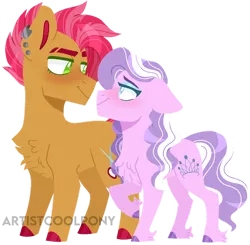 Size: 1024x1003 | Tagged: safe, artist:artistcoolpony, derpibooru import, babs seed, diamond tiara, earth pony, pony, alternate hairstyle, babstiara, bedroom eyes, blushing, chest fluff, ear piercing, earring, eyeshadow, female, image, jewelry, lesbian, looking at each other, makeup, mare, older, older babs seed, older diamond tiara, piercing, png, raised hoof, shipping, simple background, size difference, transparent background, unshorn fetlocks