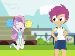 Size: 1920x1440 | Tagged: safe, artist:phantomshadow051, derpibooru import, scootaloo, sweetie belle, equestria girls, belly button, cheerleader, cheerleader outfit, clothes, female, image, jpeg, lesbian, pom pom, scootabelle, shipping, soccer field