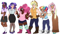 Size: 2033x1175 | Tagged: safe, artist:artistcoolpony, derpibooru import, applejack, fluttershy, pinkie pie, rainbow dash, rarity, twilight sparkle, human, :p, alternate hairstyle, applejack's hat, bandaid, boots, chubby, clothes, converse, cowboy boots, cowboy hat, dark skin, diversity, dress, ear piercing, earring, eyeshadow, female, fingerless gloves, flannel, flats, freckles, gloves, gritted teeth, hat, high heels, hoodie, humanized, image, jewelry, lipstick, looking at each other, makeup, mane six, nail polish, nylon, one eye closed, peace sign, piercing, png, shoes, shorts, simple background, size difference, skirt, sleeveless, sleeveless hoodie, socks, stockings, striped socks, tanktop, thigh highs, tongue out, transparent background, wink