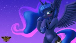 Size: 3840x2160 | Tagged: safe, artist:tsaritsaluna, derpibooru import, princess luna, alicorn, pony, luna eclipsed, bipedal, blushing, crown, embarrassed, eyeshadow, female, image, jewelry, makeup, mare, png, regalia, scene interpretation, solo, spread wings, wide hips, wings