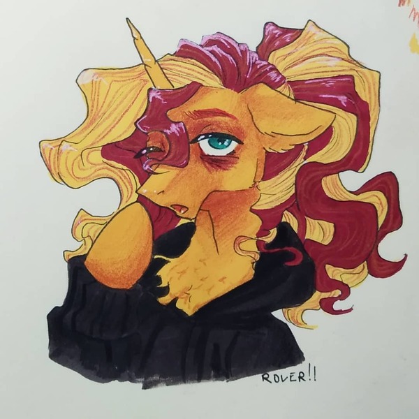 Size: 1080x1080 | Tagged: safe, artist:rover, artist:rrrover, derpibooru import, sunset shimmer, pony, unicorn, equestria girls, alternate hairstyle, bust, clothes, hoodie, image, jpeg, ponytail, portrait, sleepy, solo, tired
