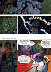 Size: 2408x3400 | Tagged: semi-grimdark, artist:tarkron, author:bigonionbean, derpibooru import, all aboard, bon bon, lyra heartstrings, octavia melody, sweetie drops, vinyl scratch, oc, changeling, earth pony, hybrid, pegasus, pony, unicorn, comic:fusing the fusions, comic:time of the fusions, absorption, background pony, blushing, cape, changeling oc, clothes, comic, commission, commissioner:bigonionbean, conductor, corpse, dead, death, dialogue, female, foal, friendship express, glasses, gloves, horn, horror, image, lantern, lightning, magic, male, mare, muffled words, panicking, png, possession, power outage, rain, random pony, shocked, shocked expression, silenced, skinsuit, stallion, storm, sudden realization, train, wings