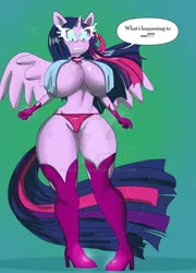 Size: 900x1247 | Tagged: suggestive, artist:peribooty, derpibooru import, part of a set, twilight sparkle, alicorn, anthro, equestria girls, absolute cleavage, belly button, big breasts, boots, breasts, busty twilight sparkle, cleavage, clothes, gloves, huge breasts, human to anthro, image, jpeg, looking at you, midnight sparkle, panties, shoes, socks, speech bubble, stockings, thigh highs, transformation, underwear