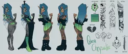 Size: 4700x2000 | Tagged: safe, artist:galaxiedream, derpibooru import, queen chrysalis, human, barefoot, belt, boots, bra, bracelet, choker, clothes, commission, crown, dark skin, dress, ear piercing, earring, elf ears, eyeshadow, fangs, feet, fishnets, genderfluid, gray background, green underwear, high heel boots, humanized, image, jacket, jewelry, jpeg, leather jacket, lipstick, makeup, nail polish, nose piercing, open mouth, panties, piercing, reference sheet, regalia, shoes, simple background, skirt, sleeveless, sleeveless sweater, solo, spiked choker, spiked wristband, sweater, tanktop, tattoo, toenail polish, tongue piercing, torn clothes, underwear, winged humanization, wings, wristband