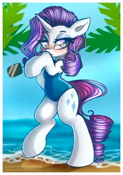 Size: 1000x1414 | Tagged: safe, artist:chaosangeldesu, derpibooru import, rarity, semi-anthro, beach, blushing, clothes, image, ocean, one eye closed, palm tree, png, sand, sunglasses, swimsuit, tree, water