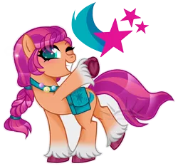 Size: 2481x2317 | Tagged: safe, artist:nekomellow, derpibooru import, sunny starscout, earth pony, pony, badge, bag, blushing, braid, coat markings, cute, cutie mark, female, g5, generation5, grin, high res, hoof fluff, image, looking at you, mare, open mouth, png, raised hoof, simple background, smiling, socks (coat marking), solo, sparkles, stars, sunnybetes, teeth, transparent background, unshorn fetlocks