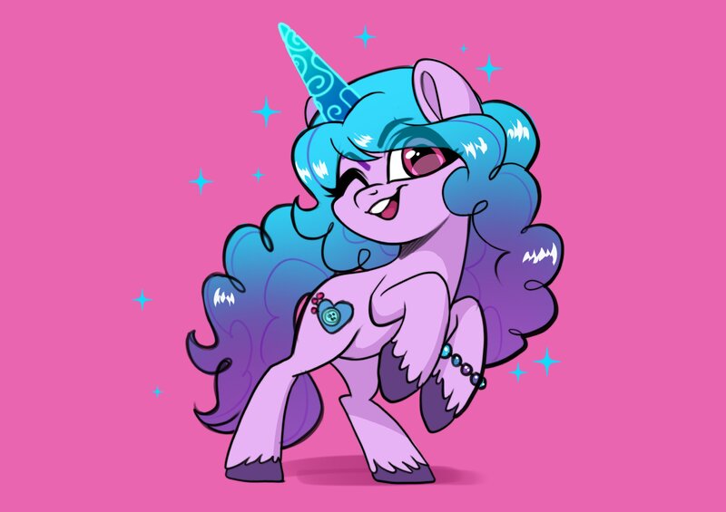 Size: 3237x2288 | Tagged: safe, artist:techycutie, derpibooru import, izzy moonbow, pony, unicorn, bipedal, bracelet, cute, female, g5, high res, image, izzybetes, jewelry, jpeg, looking at you, mare, one eye closed, open mouth, pink background, raised hoof, simple background, solo, sparkles, unshorn fetlocks, wink