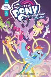 Size: 2063x3131 | Tagged: safe, artist:tonyfleecs, derpibooru import, idw, applejack, fluttershy, pinkie pie, rainbow dash, rarity, spike, twilight sparkle, twilight sparkle (alicorn), alicorn, dragon, earth pony, pegasus, unicorn, spoiler:comic, spoiler:comic100, confetti, female, fire, fire breath, image, jpeg, male, mane seven, mane six, party cannon, pony history