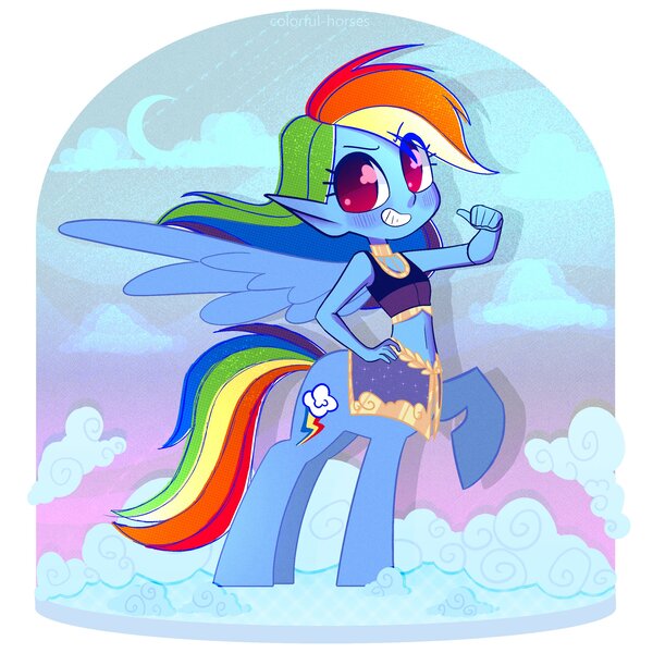 Size: 2500x2500 | Tagged: safe, artist:syrupyyy, derpibooru import, rainbow dash, centaur, alternate hairstyle, centaurified, clothes, cloud, elf ears, female, grin, image, jpeg, pointing at self, skirt, sky, smiling, solo, species swap, sports bra