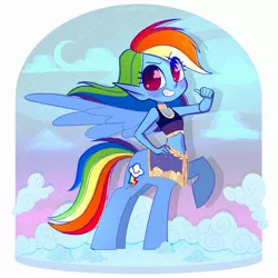 Size: 2500x2500 | Tagged: safe, artist:syrupyyy, derpibooru import, rainbow dash, centaur, alternate hairstyle, centaurified, clothes, cloud, elf ears, female, grin, image, jpeg, pointing at self, skirt, sky, smiling, solo, species swap, sports bra