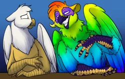 Size: 1000x636 | Tagged: safe, artist:foxenawolf, derpibooru import, oc, oc:lucida path, oc:wisebeak path, gryphon, fanfic:quantum gallop, duo, female, image, male, png, rainbow fur, wings