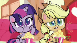 Size: 640x360 | Tagged: safe, derpibooru import, edit, edited screencap, screencap, applejack, bon bon, carrot top, cheerilee, daisy, flower wishes, fluttershy, golden harvest, granny smith, pinkie pie, princess celestia, rainbow dash, rarity, spike, sweetie drops, twilight sparkle, twilight sparkle (alicorn), alicorn, dragon, earth pony, pegasus, pony, unicorn, director spike's mockumentary, my little pony: pony life, season 1, spoiler:pony life s01e21, animated, carousel boutique, cheering, confused, crying, download, eating, female, food, golden oaks library, grin, happy, hot air balloon, image, intro, kicking legs, library, male, mane six, mare, pointing, popcorn, raised hoof, shaking, smiling, sugarcube corner, sweet apple acres, tears of joy, television, theme song, treehouse logo, unicorn twilight, watching, webm