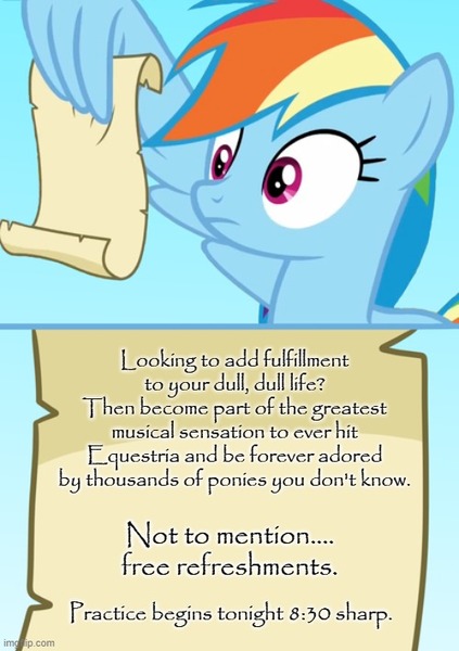 Size: 500x709 | Tagged: safe, artist:saphire-systrine, derpibooru import, rainbow dash, grannies gone wild, band geeks, exploitable meme, image, imgflip, jpeg, meme, rainbow dash reading a scroll, solo, spongebob squarepants, wing hands, wing hold, wings