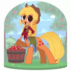 Size: 2500x2500 | Tagged: safe, artist:syrupyyy, derpibooru import, applejack, centaur, apple, applejack's hat, apple tree, blushing, bucket, bush, centaurified, choker, clothes, cowboy hat, elf ears, female, flannel, food, freckles, grass, hat, image, jpeg, open mouth, skirt, solo, species swap, tanktop, tree