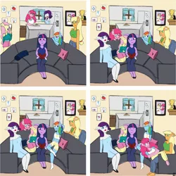 Size: 2048x2048 | Tagged: safe, artist:mintymelody, derpibooru import, applejack, fluttershy, pinkie pie, rainbow dash, rarity, twilight sparkle, anthro, comic:and they were roommates, digital art, image, mane six, png, polyamory, shipping