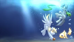 Size: 3265x1837 | Tagged: safe, artist:ketirz, derpibooru import, derpy hooves, oc, fish, pegasus, pony, bubble, crepuscular rays, diving goggles, female, fish tail, food, image, muffin, ocean, png, smiling, spread wings, sunlight, swimming, underwater, wallpaper, water, wings, yellow eyes